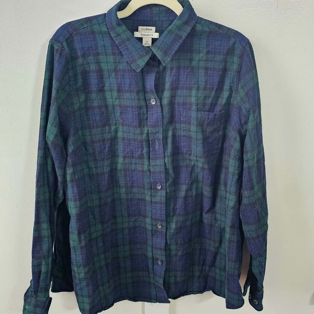 L.L.Bean Women 1X Black Watch Plaid Flannel Shirt Relaxed Fit Cottagecore